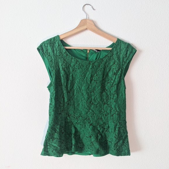 Express Green Lace Peplum Blouse Zipper Top